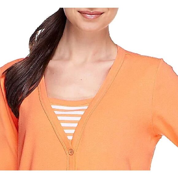 Denim & Co Womens 3X Button Front Knit Cardigan Light Rose Striped Duet‎ NWT - Picture 4 of 4